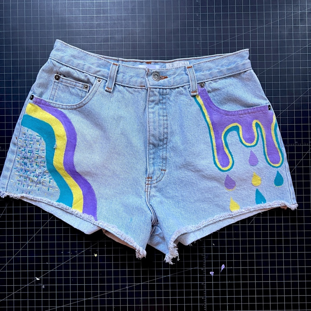 Upcycled psychedelic denim shorts